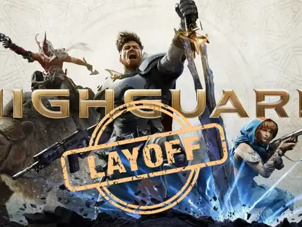 Fantasy warriors, bear, and text "HIGHGUARD" on action-packed cover. "LAYOFF" stamp overlay. Dramatic and intense mood.