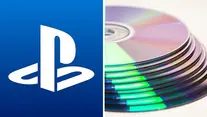 PlayStation logo beside a stack of shiny CDs with rainbow reflections on a white background.