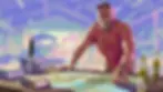 Man in Hawaiian shirt is Brian Heder from video game GTA 6 examines a map in a boatyard. Nearby: knife, ammo, beer bottles. Tropical backdrop with palm trees.