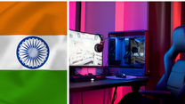 Indian flag beside a neon-lit gaming desk with monitor, PC tower, headphones, and blue gaming chair.