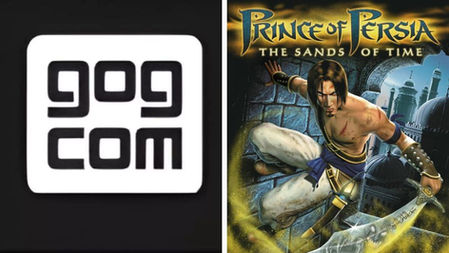GOG.com logo beside Prince of Persia: The Sands of Time cover art with a leaping swordsman and golden sand effects.