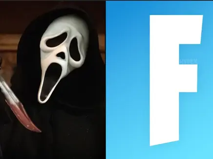 A masked figure holding a knife on the left, set against a dark background, and a large white "F" on a blue background on the right.