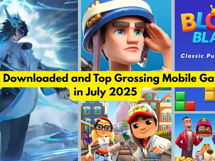 Collage of animated game characters, vibrant colors, text: "Most Downloaded and Top Grossing Mobile Games in July 2025."