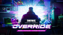 Fortnite poster with gamer facing a glowing screen, neon characters, and text: Chapter 7 Season 4 Override, Break the Rules, Change the Game.