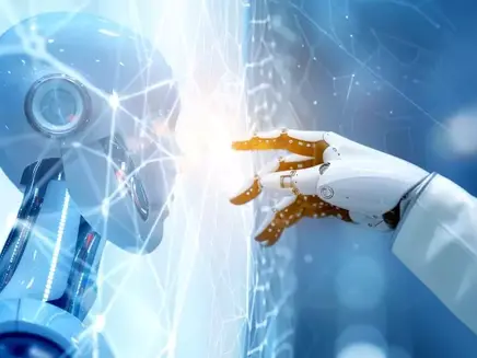 A blue robot and a robotic hand touch a glowing digital interface. The scene is ethereal, with white and blue hues creating a futuristic vibe.