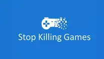 Blue poster with a shattered white game controller and the text Stop Killing Games in white.