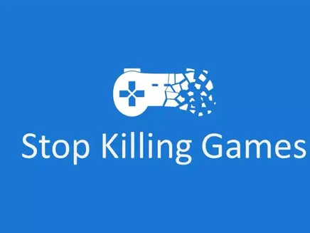 Blue background with white text "Stop Killing Games." A video game controller graphic shatters into pieces, symbolizing a call to action.