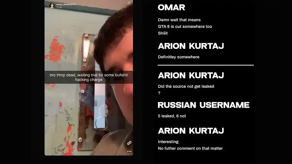 Half of a Arion Kurtaj's face is visible beside a worn wall with red patches. Black text on image and right side shows a conversation about hacking between Arion Kurtaj and Omar about GTA 6.