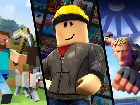 Three vertical panels: left shows a blocky character and dog from minecraft; center has a smiling figure in a hard hat is from roblox; right features a character diving. Gaming theme from fortnite.