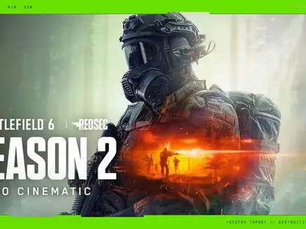 Soldier in a gas mask in a forest with fiery battle scene overlay. Text: Battlefield 6, Season 2, Intro Cinematic. Green accents.