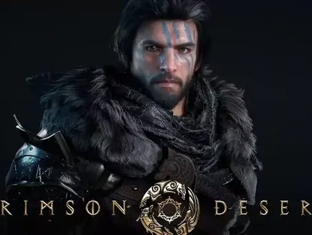 Warrior in fur armor with blue face paint stares intensely. Text reads "Crimson Desert" below. Dark background enhances dramatic mood.