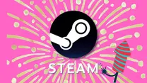 Steam logo on bright pink burst background with gold dots and a striped upward arrow.