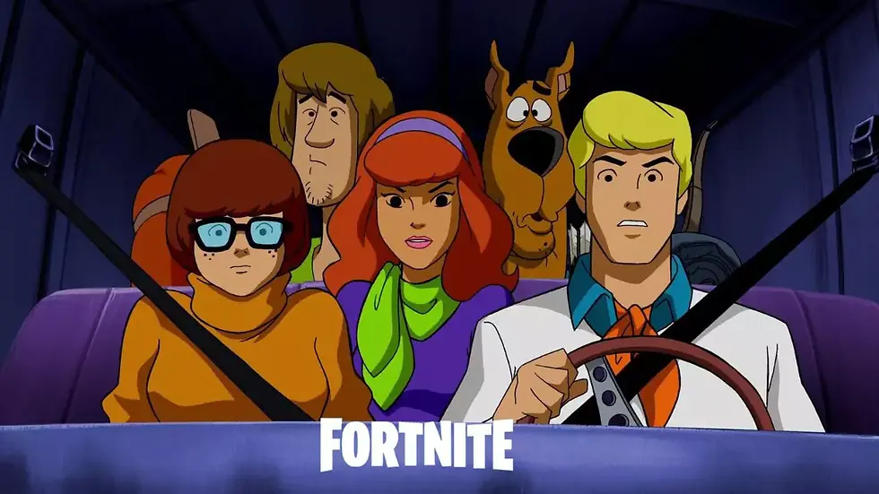 Cartoon group in car, surprised expressions. Purple interior, seat belts fastened. "Fortnite" text below. Mood is curious and adventurous. its possibly Fortnite x Scooby-Doo Collaboration.