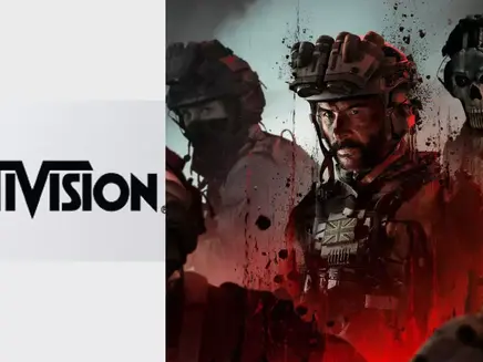 Call of Duty Modern warfare 3 game character Soldiers in combat gear with intense expressions, red and black color scheme. Activision logo on the left. Dark, dramatic mood.
