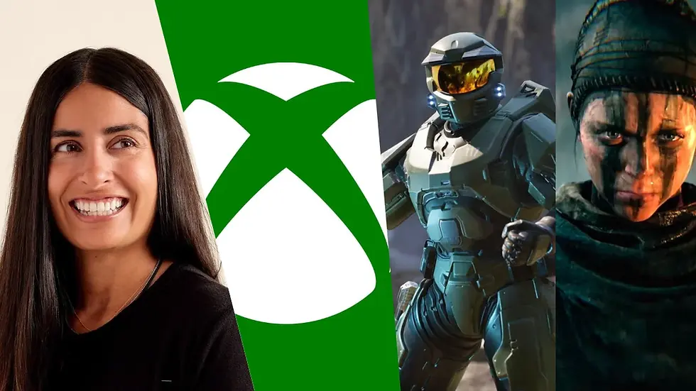 Asha sharma, Xbox ceo, xbox logo, halo, hellblade game characters.