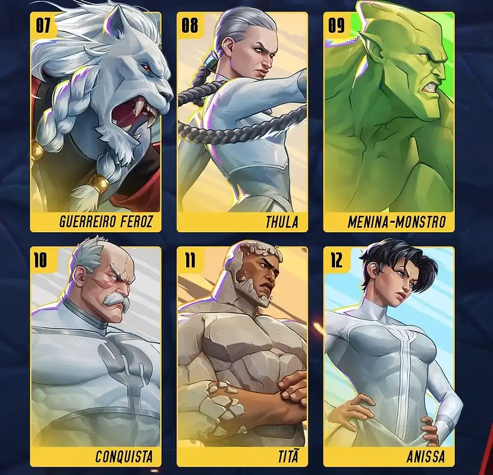 Six Invincible VS character cards with yellow backgrounds, featuring various superheroes in dynamic poses. Each card has a name: Guerreiro Feroz, Thula, Menina-Monstro, Conquista, Titã, Anissa.