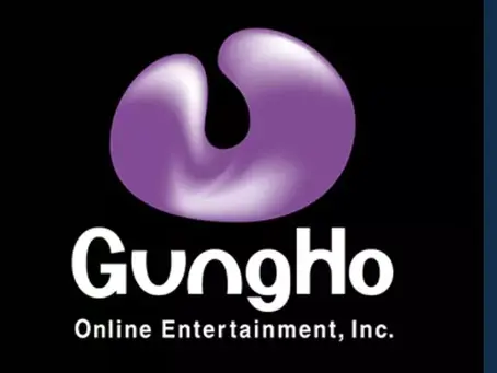 GungHo Online Entertainment logo features a purple abstract shape on a black background, with white text beneath it displaying the company name.
