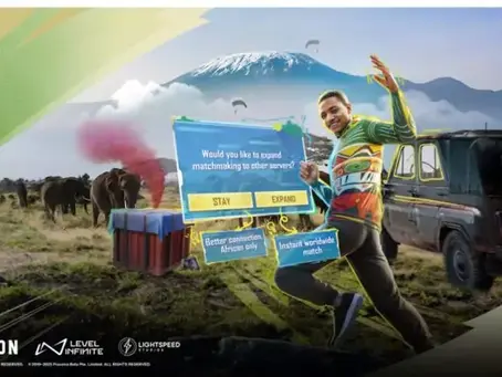 A person in a colorful outfit poses excitedly beside a truck, with elephants and Mt. Kilimanjaro in the background. Text: "Would you like to expand matchmaking to other servers?" Options: "STAY" and "EXPAND". its PUBG Mobile.