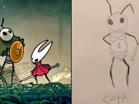Seth characters with weapons on the left, against a forest backdrop. Seth’s actual drawing of an insect-like figure labeled "Seth" on the right.