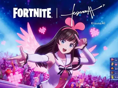 Anime girl with pink bows poses energetically in front of cheering crowd. "Fortnite" and "Kizuna AI" text on a vibrant blue background.