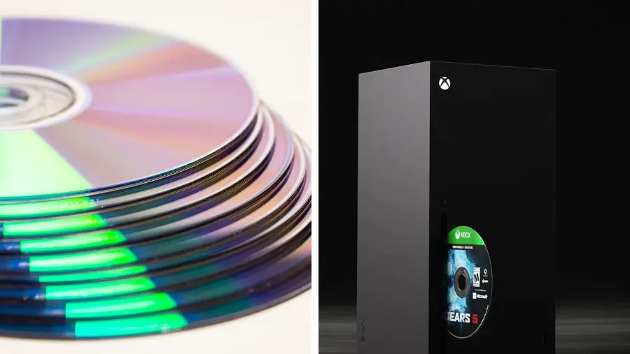 Stack of shiny CDs beside a black Xbox console box with a Gears 5 disc; sleek studio-lit product shot.