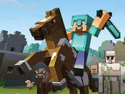 Pixelated Minecraft character in teal armor rides a horse holding a sword. Background: iron golems, villagers, trees, and a castle under blue sky.