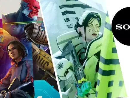 Colorful futuristic characters from Concord and Marathon, one holding a weapon, with a graphic neon background. Sony logo in a black circle on the right.