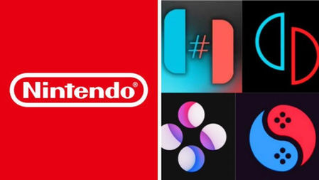 Nintendo logo on red beside four colorful app-style gaming logos on black backgrounds, suggesting brand and game icons.