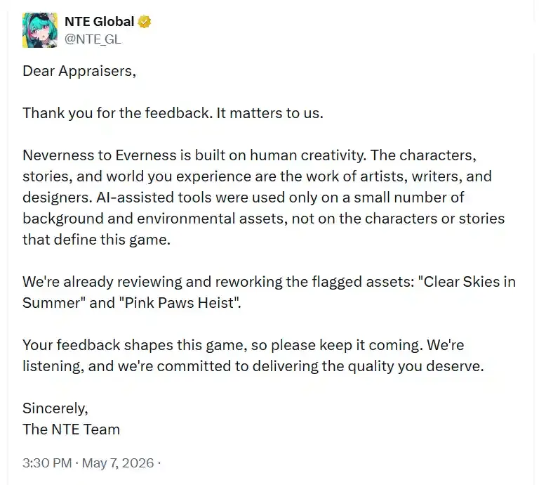 NTE Global tweet addressing game feedback and AI use in "Neverness to Everness." Notes updates on "Clear Skies in Summer" and "Pink Paws Heist."