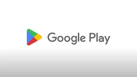 Google Play logo with a colorful triangle icon on a white background. Gray text reads "Google Play" in a clean, modern font.