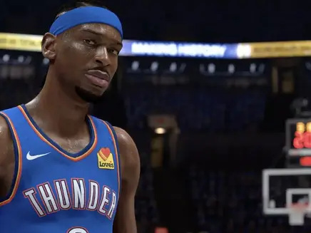 Basketball player in blue Thunder jersey and headband stands on a court, sweat visible. Digital scoreboard and blurred audience in the background.