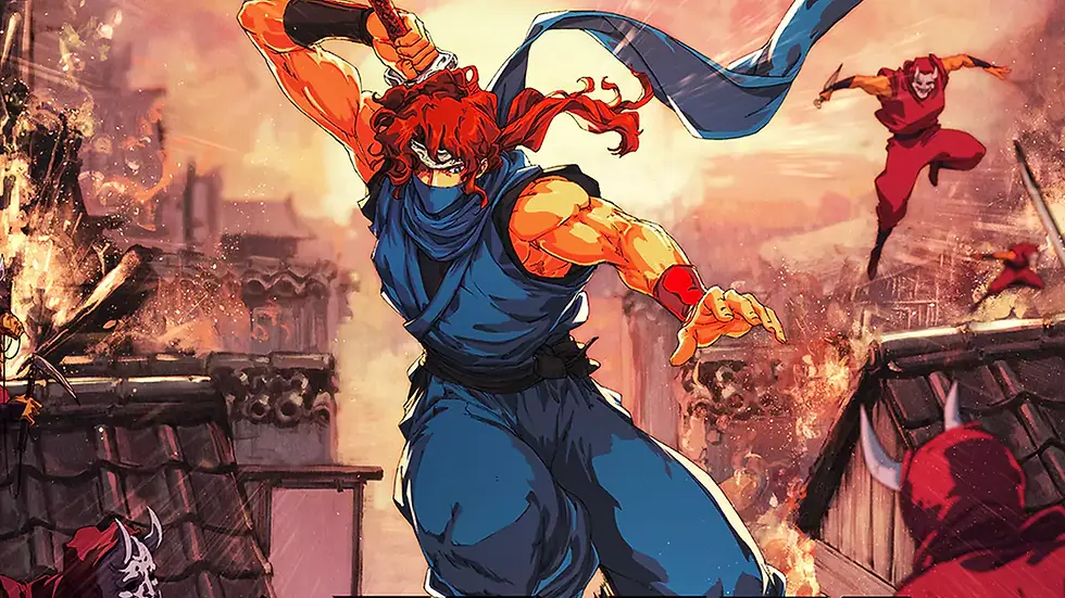 Ninja in blue leaping from a burning building, sword raised. Red sky, enemies in red below. Dynamic action scene. its from Ninja Gaiden Ragebound.
