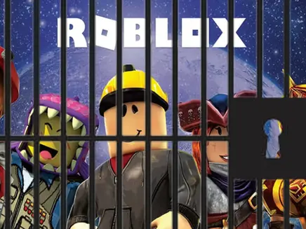 Roblox characters behind bars with a starry sky background. The word "ROBLOX" appears above in bold white letters. Mood: playful.