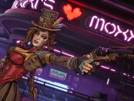 A woman in a red corset and top hat aims a revolver in a neon-lit bar with "Moxxi's" sign. Energetic and confident vibe.