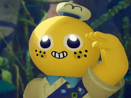 Yellow cartoon character with a sailor hat and badges saluting. Background features a blurred, lush forest setting. Character is cheerful. Its from PEAK, a indie game.