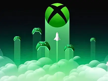 Green Xbox logo above glowing clouds, with game controllers and rockets rising in a neon green game-themed scene.