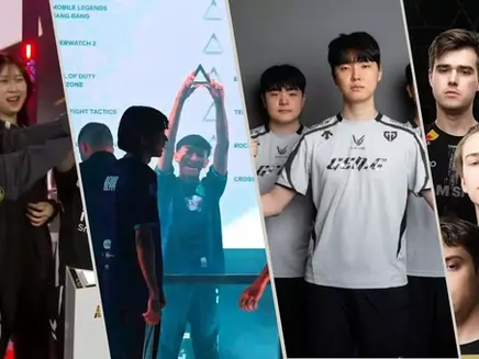 Collage of esports teams celebrating. Left: smiling group in black jerseys is team vitality players after winning MLBB event. Center: man raising arms in trophy shape is from EVOS Divine after winning Free Fire event. Right: serious team in gray are Gen g. esports, winners of LoL events, in last Team spirit players after winning DOTA2 events. All at EWC 2025 week 2.