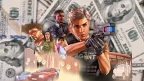 GTA Online Agent aiming gun with intense expression; diverse group in background; cityscape, cars, and dollar bills; action-packed atmosphere.