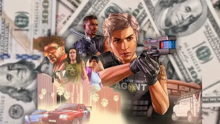 GTA Online Agent aiming gun with intense expression; diverse group in background; cityscape, cars, and dollar bills; action-packed atmosphere.