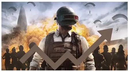 A soldier in tactical gear stands before a fiery explosion. Parachuters above, silhouettes below; an upward arrow overlays the scene.