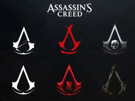 Six Assassin's Creed logos on dark background. Top text reads "Assassin's Creed." Logos vary, with notable skull and branches designs.