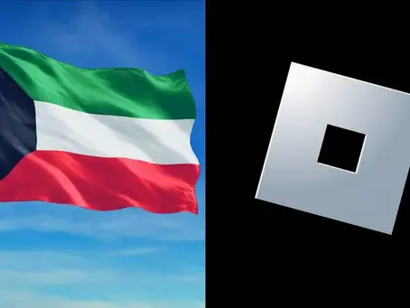 Kuwait flag waves under a clear blue sky with a black, white, and red stripe. Adjacent is a Roblox logo on a black background.