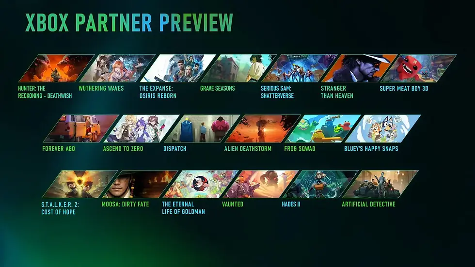 Xbox Partner Preview image showing titles of games like "The Expanse" and "Hades II" over colorful game art on a dark background.