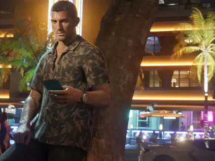 GTA 6 Character Jason with a watch leans against a tree, holding a phone. Neon lights, palm trees, and a parked car create a vibrant night-time scene.