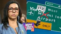 Split image of a serious woman at a hearing and a Florida highway sign marked Vice City with a Grand Theft Auto VI logo.