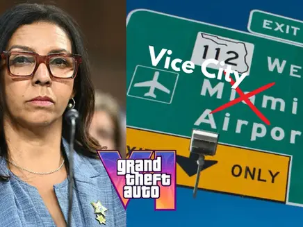 Split image of a serious woman at a hearing and a Florida highway sign marked Vice City with a Grand Theft Auto VI logo.