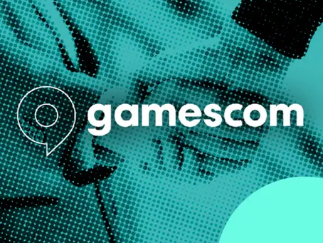 Teal halftone background with "gamescom" text and a location icon. Abstract pattern creates a dynamic, modern feel.