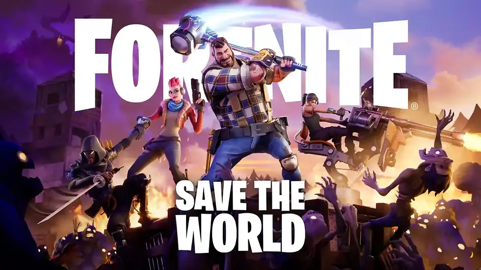 Heroes in action pose with weapons against a purple sky, battling zombies. "Fortnite Save the World" text in bold foreground. Energetic mood.