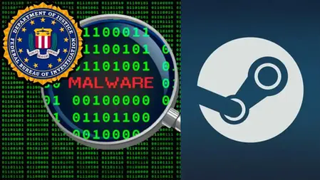 FBI logo and Steam icon beside a magnifying glass revealing binary code with "MALWARE" in red. Background: green binary on black.