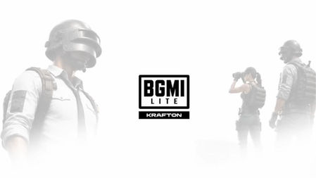 BGMI LITE Krafton logo centered on white background with faded helmeted soldiers and a woman using binoculars.
